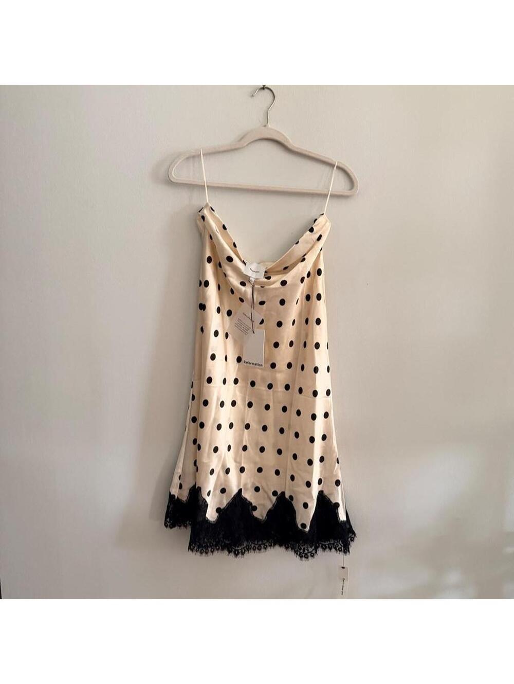 Reformation Carolina Cream Silk Polka Dot Midi Skirt with Black Lace Trim - Picture 3 of 6